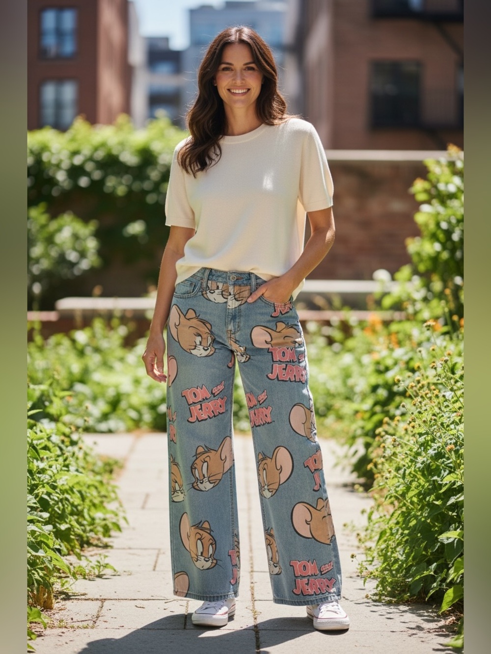 Tom & Jerry All Over Print H&M Wide Leg Crop Jeans Pants Cartoon Size 6 30Wx25L